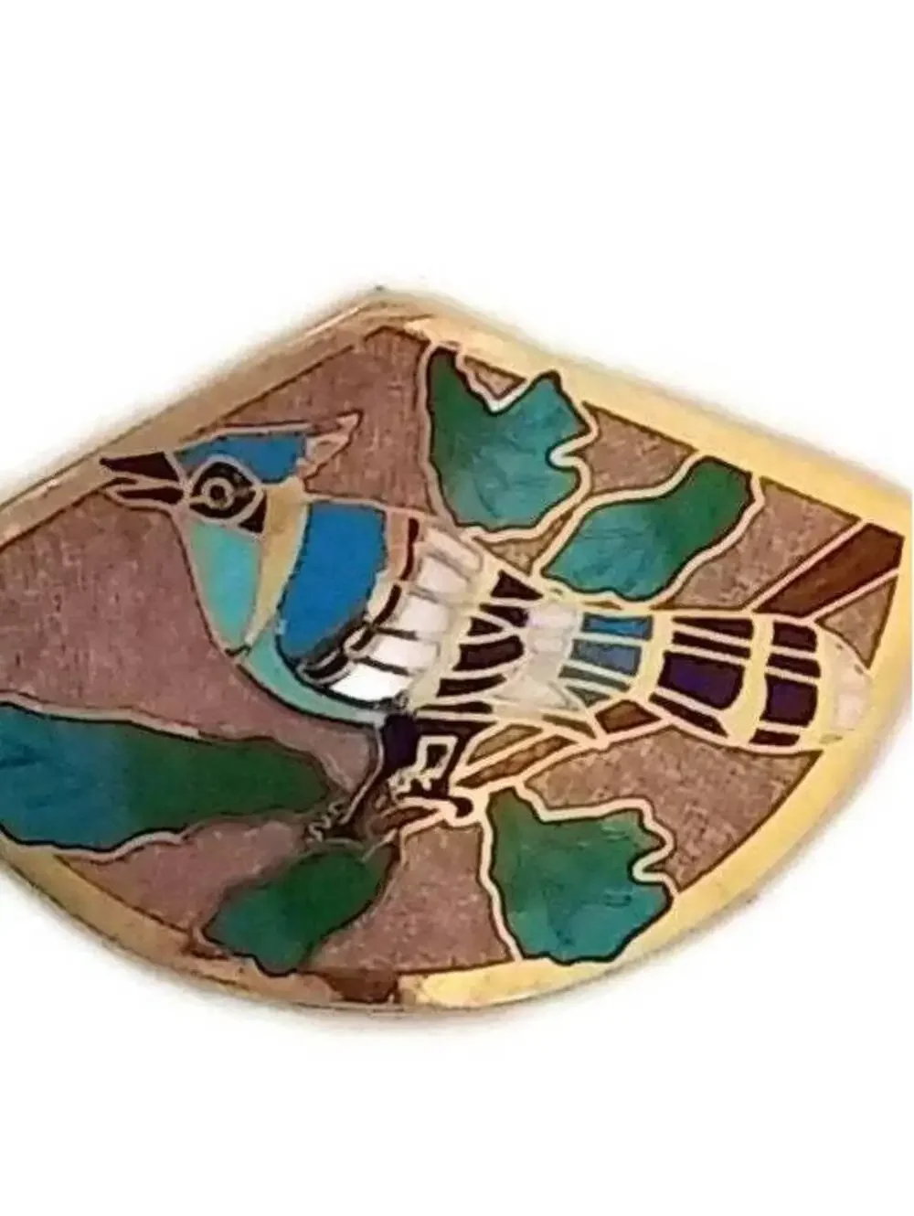 Vintage SITI Blue Jay Cloisonne Brooch, Fan Shaped Enamel Bird Pin.
